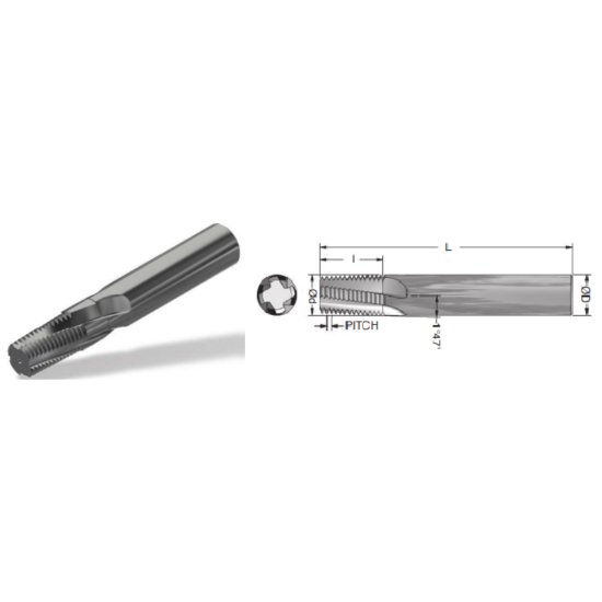 Picture of Advent Tool 7161812-1CSNPTH Carbide Thread Mill 18.00TPI NPT 0.432 Cutter Diameter Cylindrical 0.5000 Shank